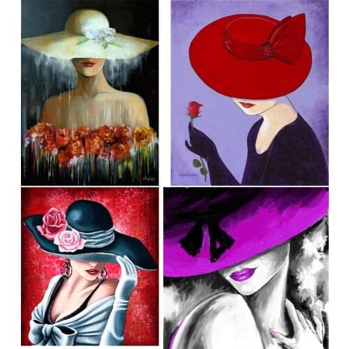 Hand painted abstract paintings woman in hat oil on canvas modern art Beautiful lady picture for wall decor