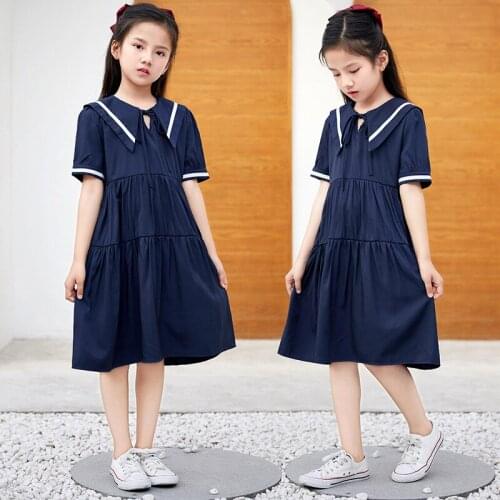 Girls School Dress Preppy Style Dress Cotton Blue Clothes Children Costume Casual Student Clothes 6 8 10 12 14 16 Yrs