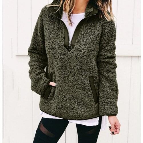 Female Hoodies Warm Turtleneck Thick Sherpa Tops New Women Fleece Sweatshirt Winter Casual Faux Fur Zipper Collar