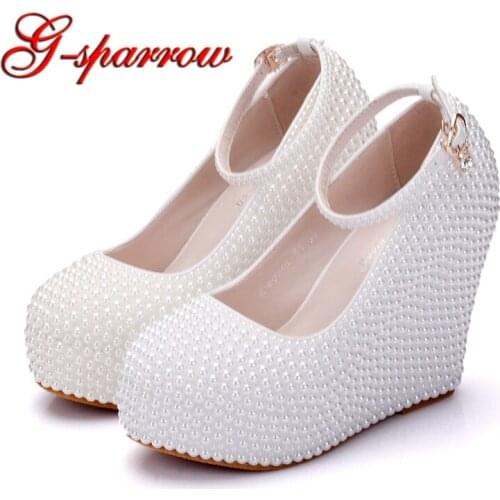 White Ivory Pearl Wedding Shoes Wedge Heels Formal Dress Shoes with Ankle Straps Bridal Platforms High Heel Pumps Size 10