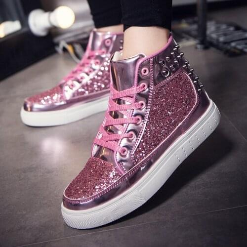 Fashion Autumn High Top Casual Shoes Pink Mirror Sequins Womens Vulcanized Shoes Comfortable Shiny Glitter Shoes Zapatos Mujer