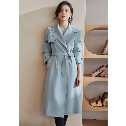 Intellectual blue British windbreaker womens autumn 2021 new slim fit lace up medium length coat