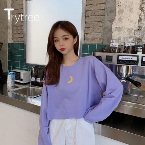 Trytree 2020 Spring Autumn Woman Casual T-shirt O-neck Little moon 4 Color Fashion Elegant All-Purpose Style Short T-shirt Tops