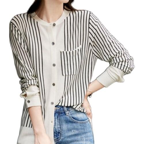 New Korean Womens Spring Striped Knitting Shirt Vintage Single-Breasted Irregular Cardigan Tops Long Sleeve Black White Sweater