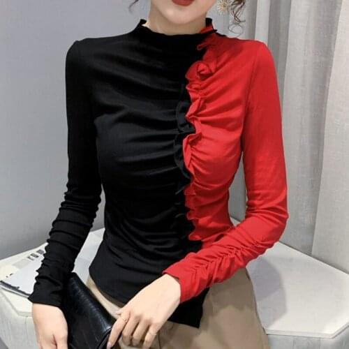2021 Autumn New Long Sleeve Women Clothing Fashion Casual Turtleneck Folds T-Shirt Patchwork Tops And Shirt