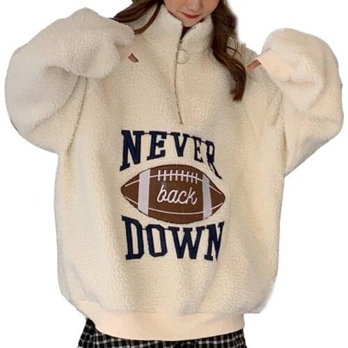 Winter 2020 Hot Sale New Plus Velvet Thick Ladies Sweatshirt Letter Printing Zipper Casual High Neck Lamb Plush Women Pullover