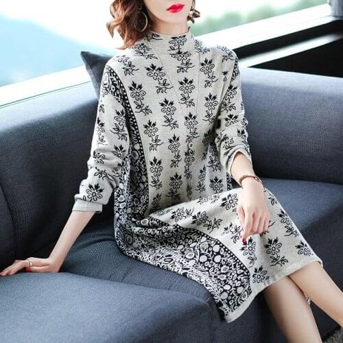 2019 New Arrival Fall Winter Vintage Womens Beige Black Jacquard Knitted Sweater Dress , Floral Knit Sweaters Dresses for Women
