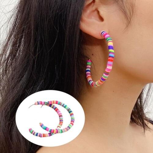 1 Pair Hoop Earrings All-match Women Rainbow Color Polymer Clay Bohemian Hoop Stud Earring for Outdoor