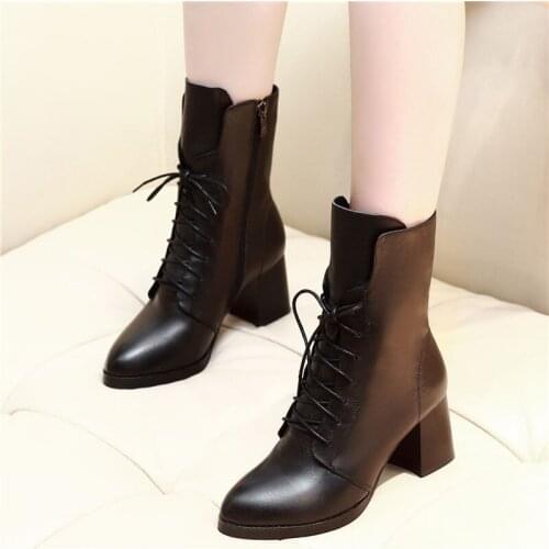 Fashion mid-calf high heels boots brief black lace-up short motorcycle botas women winter pointed toe side zipper riding booties