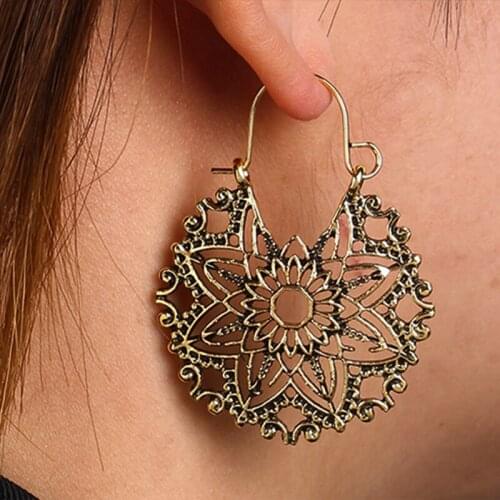 Docona Tribal Bohemia Carve Flower Hollow Gold Drop Dangle Earrings For Women Geometric Pendant Earring Pendientes 3952