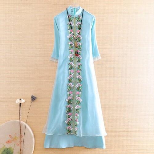 Elegant Lady Qipao Dress Chinese Style Summer Embroidery Retro Women Vintage Organza Cheongsam Dress Female S-XXL