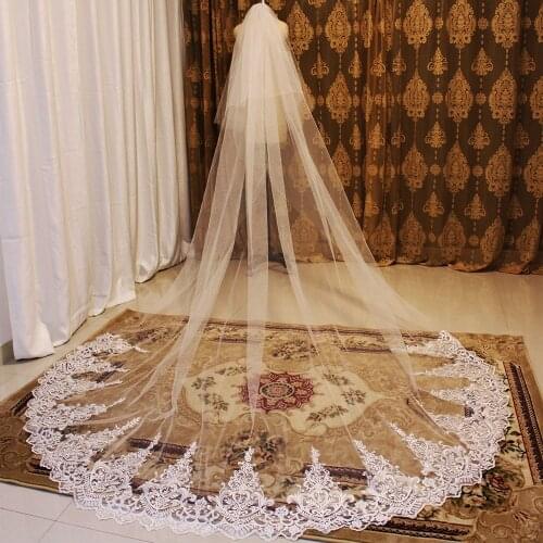 Real Photos 2 Layers Long Lace Wedding Veil 3 Meters White Ivory Bridal Veil with Blusher Bride Veil Wedding Accessories