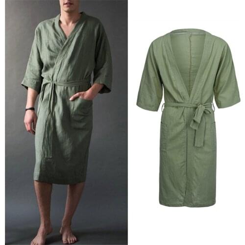 Mens Bathrobe Sleepwear Solid Linen Spa Bathing Nightgown Japanese Style Kimono Collar Male Robe Leisure Thin Night Gowns