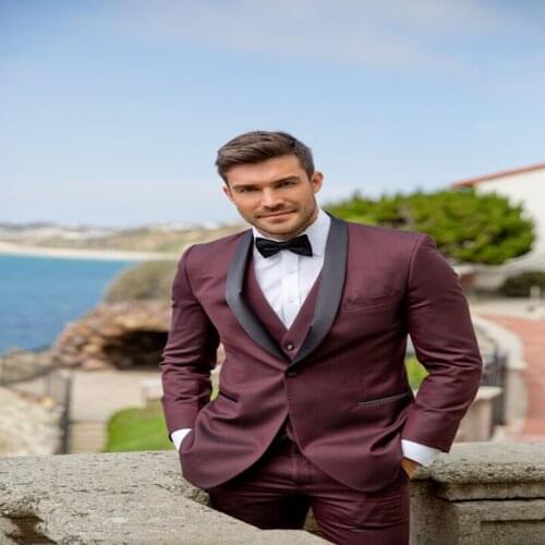 Custom Made 2020 Burgundy Mens Wedding Suits Prom Party Groom Tuxedos 3 Piece Set Slim Fit Business Male Suit(Blazer+Vest+Pants)