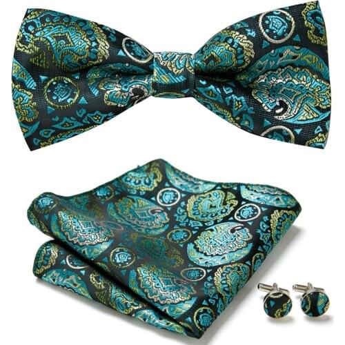 Classic Green Bow Ties for Men 100% Silk Butterfly Bowtie Pocket Square Cufflinks Suit Set Floral Gold Bowties