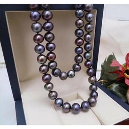 Beautiful 8-9mm Natural tahitian black pearl necklace 18" yellow ball clasp +AAA