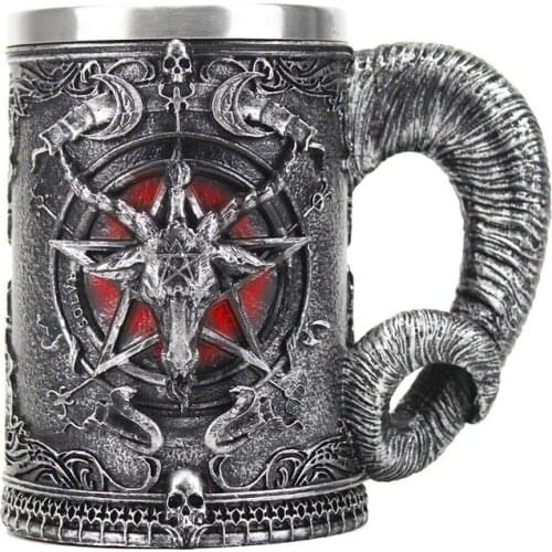 Baphomet Mug Tankard Stainless Steel Resin 3D Baphomet Pentagram Sabbatic Gothic Wicca Pagan Horn Beer Tankard Cup Mugs 600ml