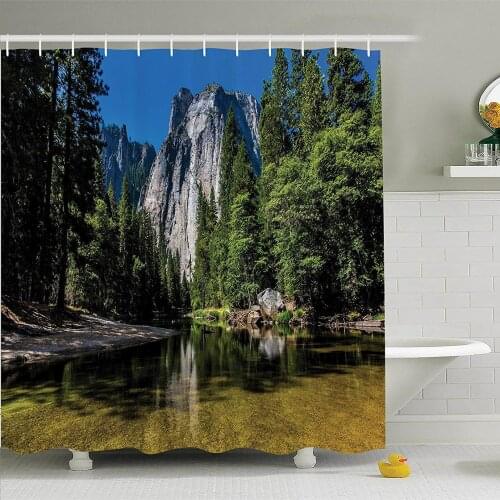 Forest Shower Curtain Set With Hooks Mountain Stream Wooden Bridge Shore Of Lake Tree Sunbeam Sunset Polyester Fabric Bathroom