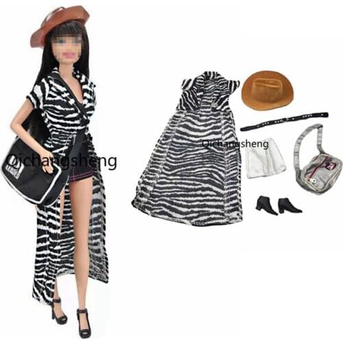 Fashion 6 itmes/Set Princess Outfits For Barbie Doll Clothes Long Zebra Coat Skirt Bag Hat Belt Shoes 11.5" Dolls Accessory Toy