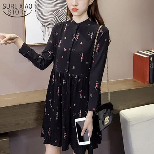 Fashion Woman Dresses 2021 Spring Long Sleeve Print Chiffon Dress Women Plus Size Empire Button Pleated Women Dress 2186