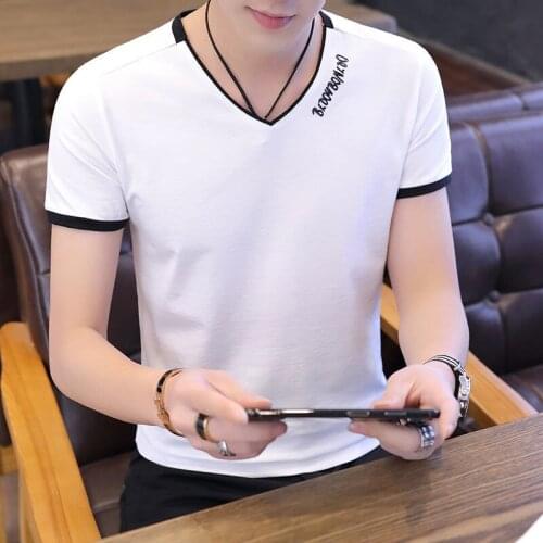 2021 Men Causal T Shirt Mens Clothing Summer New Short Sleeve T-shirt Cotton Boys Trend V-neck T-shirts Printed Solid Color