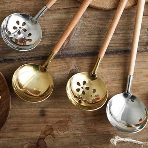 Stainless Steel Soup Spoon Japanese Style Wooden Handle Colander Hot Pot Drain Spoon Kitchen Cooking Spoon Kitchen Supplies