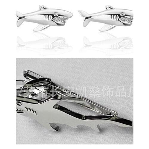 WholeSale 10sets/lot Shark CUFFLINKS + TIE CLIP SETS Animal Protection Cuff Link + Tieclip set Brass Copper PROTECT THE SHARK