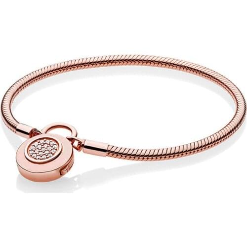 Original Rose Logo Signature Padlock Smooth Snake Chain Bracelet Bangle Fit 925 Sterling Silver Bead Charm DIY Fine Jewelry