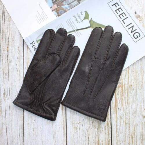 Men’s Black Buckskin Gloves Dark Brown Genuine Leather Fashion Soft And Durable Wool Lining Watermark Style Mittens
