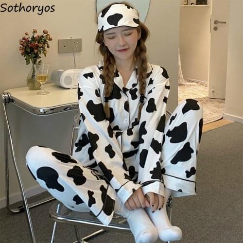 Pajama Sets Women Long Sleeve Comfortable Cute Sleepwear Students Sweet Girls Home Wear Pyjamas Cow Style Korean Nightwear New