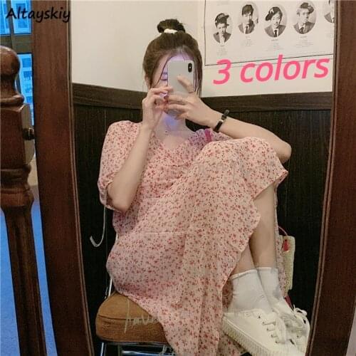 3 Colors Floral Dresses Women Ruched A-line Korean Style Chic Simple Trendy Popular Sweet Ulzzang Summer Vestido Feminino Ins