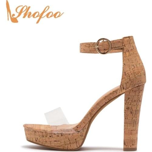 Cork High Chunky Heels Sandals Platform Women Ankle Strap Large Size 12 16 Lady Fashion Casual Mature Concise Sexy Shoes Shofoo