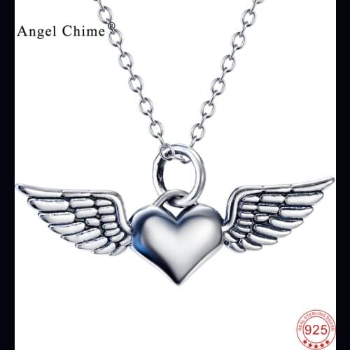 Silver Necklace With Chain Heart With Angel Wings Pendant 925 Sterling Silver Women Choker Collar Necklace Fashion Jewelry