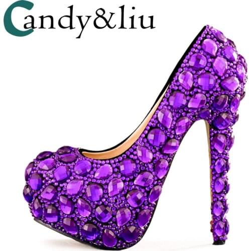 Women Pumps Ladies High Heels Purple Diamond Crystal Eggplant Round Toe Brides Wedding Shoes Adult Dress Evening Party Shoes