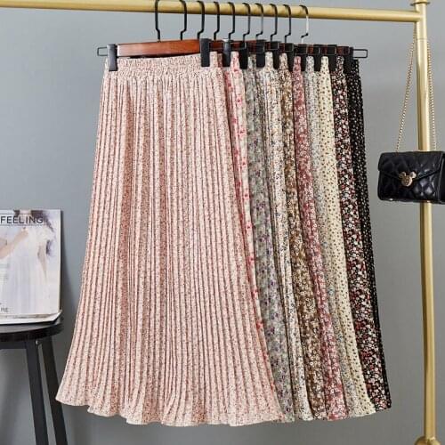 Retro Printed Chiffon Skirt Female 2021 Summer New Mid-Length Gentle Fairy Design A-Line Floral Long Skirt Pleated Saias zh504