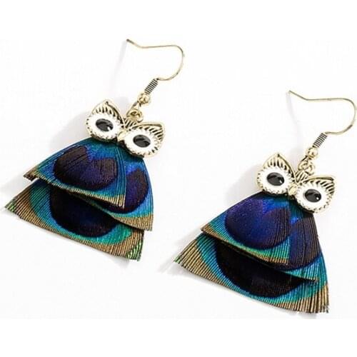 2019 New Ethnic Owl Earrings Nature Peacock Feather Earrings Dangle Statement Earrings for Women Retro Fashion Eardrop Jewelry