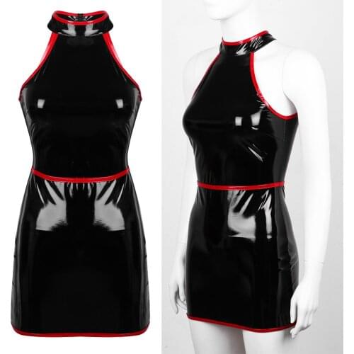 Womens Fashion Wetlook Cocktail Parties Clubwear Patent Leather Sleeveless Slim Fit Bodycon Dress for Pole Dance Party Dresses