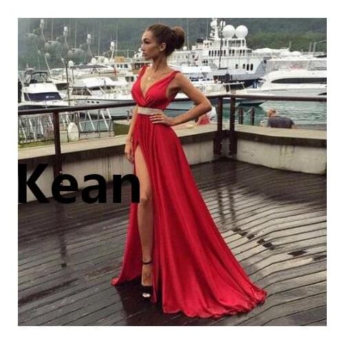 Simple Satin High Slit Evening Dresses Tank V Neck robe de soiree Evening Gowns Prom Dress Vestidos De Festa