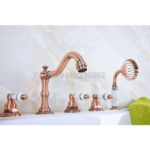 Deck Mounted Ceramic Lever 5 Pcs Bathtub Faucet Set Antique Red Copper Bathroom Tub Faucet 5-hole Hand Shower Taps Ltf224