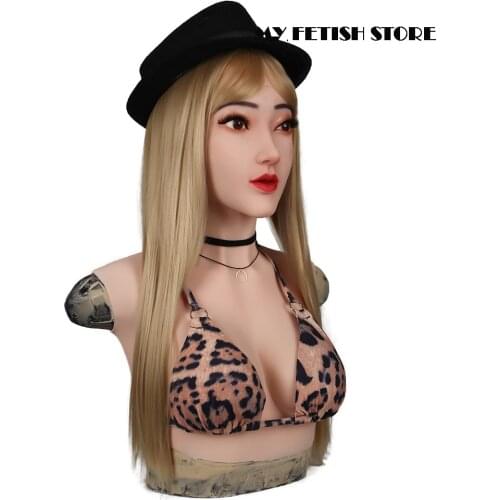 Christin-1G)Crossdress Full Head Realistic Silicone Girl Female Disguise Party Cosplay Transgender Mask With C Cup Breast Torso