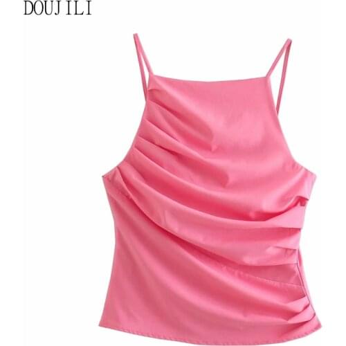 DOUJILI Women Pink Camisole Crop Top Thin Strap Sleeveless Backless Short Pleated Tops Female 2021 Hot Summer