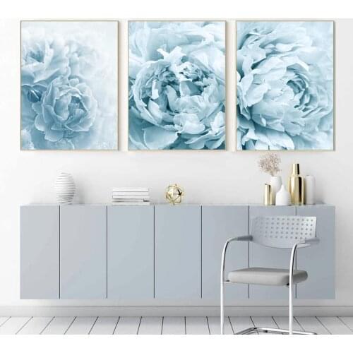 Nordic Elegant Blue Flower Wall Art Poster Blooming Art Print Rose Close-Up Canvas Painting Modern Pictures Living Room Decor