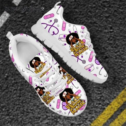 ELVISWORDS Black Nurse Magic Pattern Comfortable Ladies Walking Shoes Casual Lace Up Flat-Shoes for Women zapaotos de mujer 2021