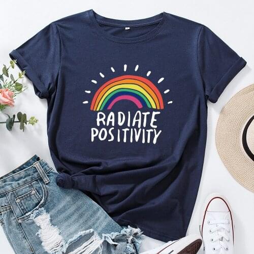 RAOIATE POSITIVITY Print T Shirt Women Rainbow Graphics Striped Tops Short Sleeve Couple Cotton Tshirt Famale Mujer Camisetas