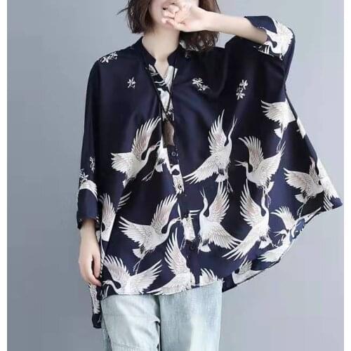 Harajuku Blusas Tops Vintage Crane Printed Shirt Chiffon Batwing Sleeve womens oversized blouse