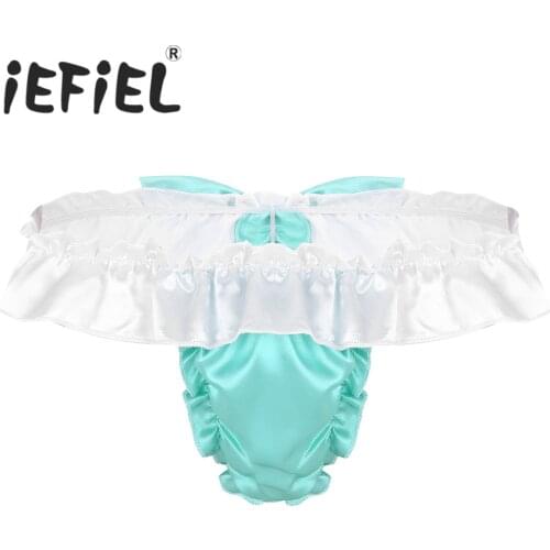 IEFiEL Gay Mens Sissy Soft Satin Lingerie Ruffled Frilly Cut Bowknot High Cut Low Rise Bikini G-string Thong Underwear Panties