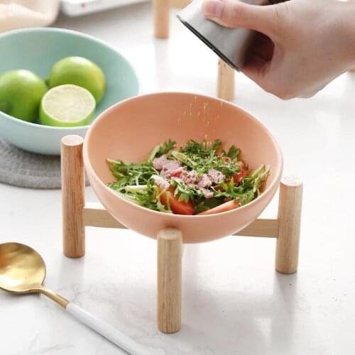 Ceramic Pet Bowl Puppy Food With Wood Stand Bracket Porcelain Water Feeder Supplies Dog Cat