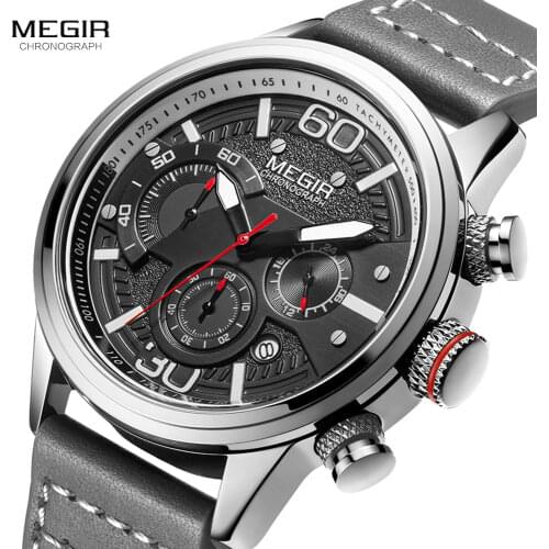 MEGIR Men Chronograph Watches Luxury Leather Strap Quartz Watch Man Waterproof Military Sport Wristwatch Relogio Masculino 2110