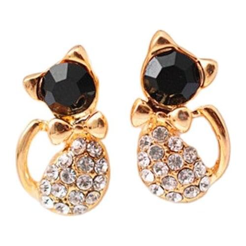 Cute Lovely Bow Small Cat Ear Stud Earrings For Women Crystal Rhinestone Mini Animal Earrings