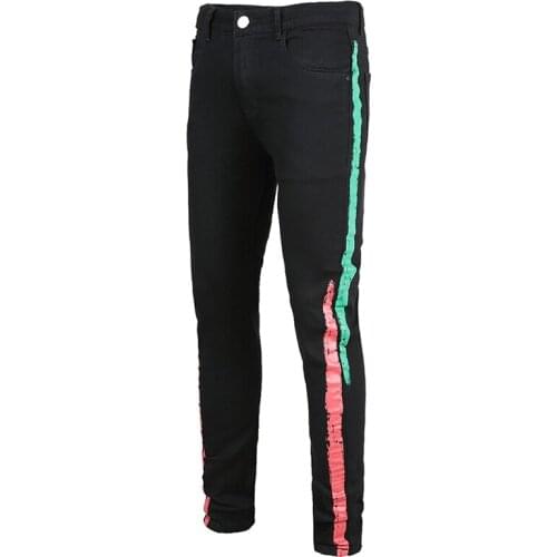 New Mens male fashion casual colored stripe printed black stretch denim jeans Slim fit plus big size painted pants trousers